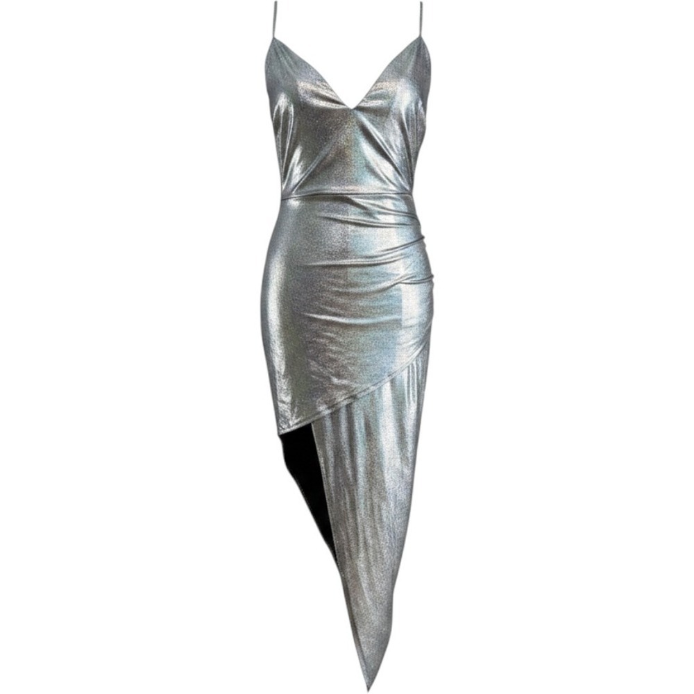Day & Night Metallic Holographic Open Back Asymmetrical Ruched Midi Dress D1625